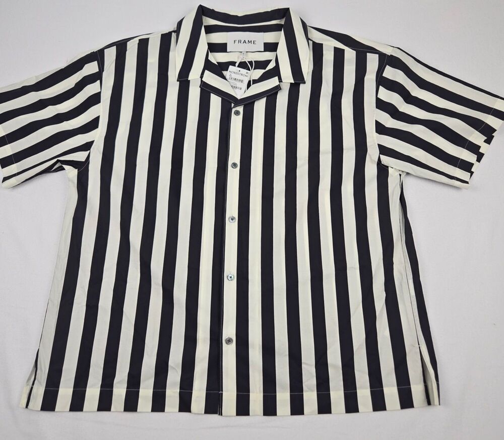 NWT FRAME Camp Collar Shirt Men's XL Navy Stripe Organic Cotton Poplin MSRP $228